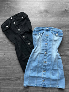 Vestido strapless jeans con licra