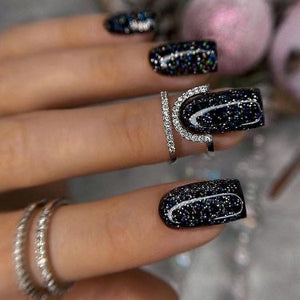 Uñas press on black and glitter